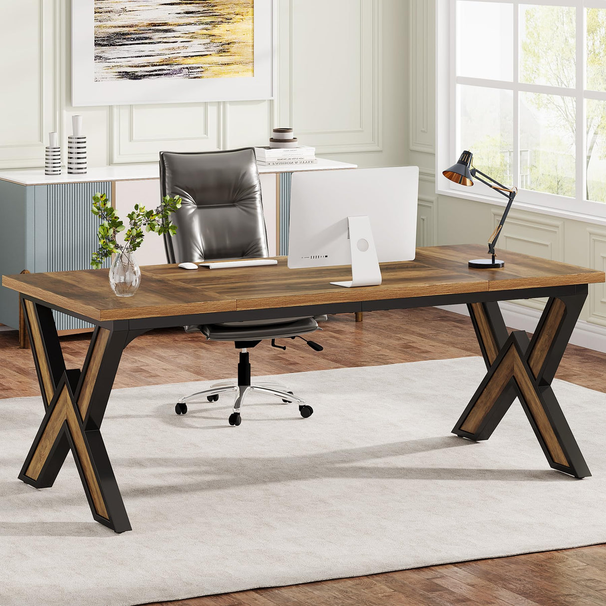 Tribesigns 63 Inches Large Office Desk, Modern Executive Computer Desk with Thickened Frame and Board, Executive Office Desk Workstation Business Office Furniture, Rustic Brown & Black Tribesigns