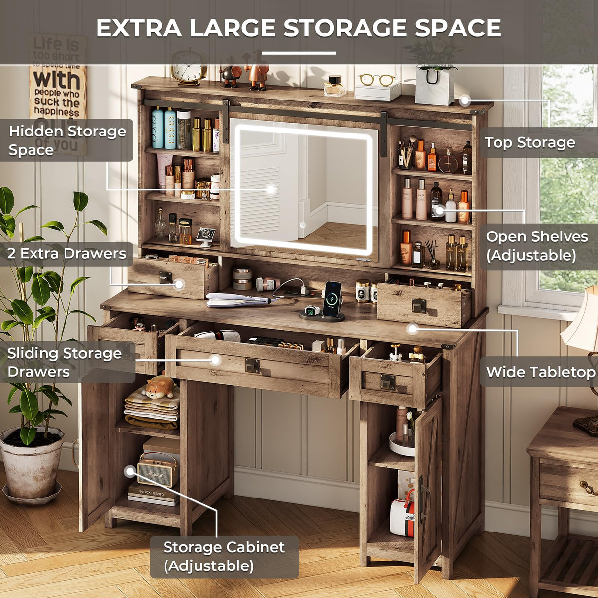 Makeup Vanity Desk with Lights, 47.2" Farmhouse Vanity Table with Sliding Mirror & Charging Station, Large Makeup Desk with 5 Drawers & 2 Cabinets, Rustic Oak MSmask