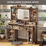 Makeup Vanity Desk with Lights, 47.2" Farmhouse Vanity Table with Sliding Mirror & Charging Station, Large Makeup Desk with 5 Drawers & 2 Cabinets, Rustic Oak MSmask