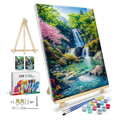JOOZ Paint by Numbers Kit for Adults with Frame, Landscape Paint by Number with Easel, Mountain Waterfall Paint by Number Canvas, DIY Landscape Oil Painting Kit for Home Wall Decor 8x12 Inch