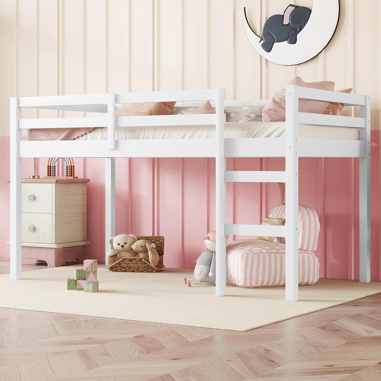 Bellemave Twin Size loft Bed for Kids, Kids loft Bed with Ladder, Wooden loft Bed for Kids, Low loft Bed, White Bellemave