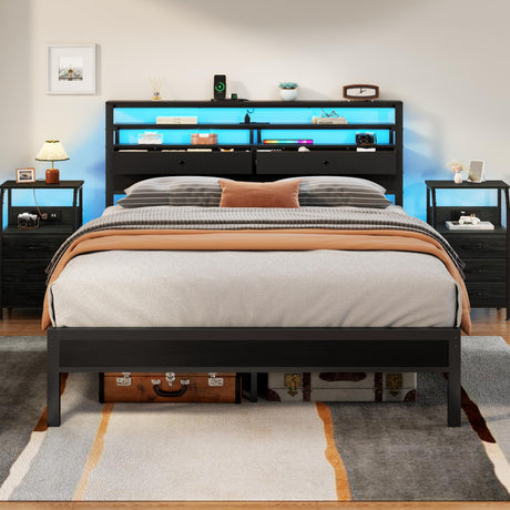 Furnulem Queen Bed Frame with Headboard & 2 Fabric Drawers, Bed Frame Queen Size Featuring LED Lights, Built-in Charging Station & Storage Shelves, Metal Slats, No Box Spring Needed – Black Oak Furnulem