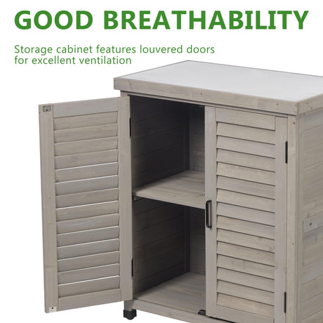 Outdoor Storage Cabinet & Potting Bench Table with Metal Top, Wooden Patio Furniture, Garden Workstation (Accent Grey, 36x31x17in) SoliWood