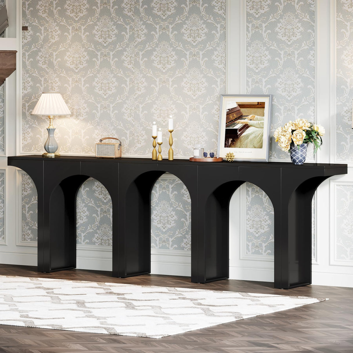 Tribesigns Black Console Table, 94-Inch Entryway Console Table, Wood Sofa Table Behind Couch with Arched Base, Narrow Hallway Table, Modern Foyer Accent Table for Entrance Living Room (Set of 2) Tribesigns