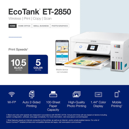 Epson EcoTank ET-2850 Wireless Color All-in-One Cartridge-Free Supertank Printer with Scan, Copy and Auto 2-Sided Printing - White, Medium