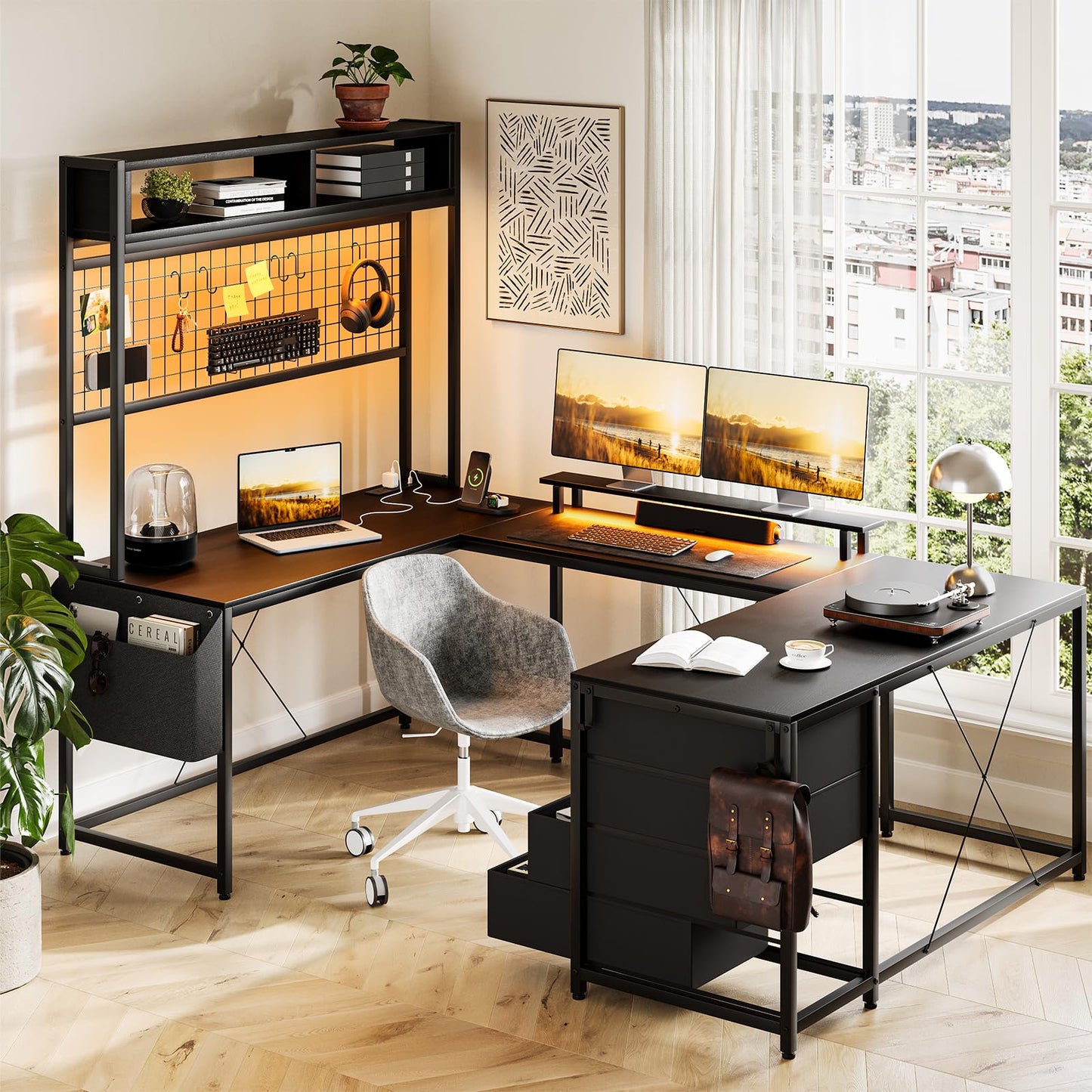 U Shaped Desk with Monitor Stand and LED Lights, U Shaped Gaming Desk with Storage Shelves, Large Computer Desk with Power Outlets, Large Corner Office Desk with 4 Drawers,Black