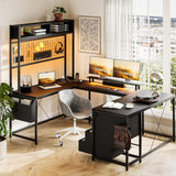 Harmobitat U Shaped Computer Desk with Monitor Stand and LED Lights, Computer Gaming Desk with Storage Shelves, Large U- Shape Desk with Power Outlets, Corner Office Desk with 4 Drawers, Black Harmobitat