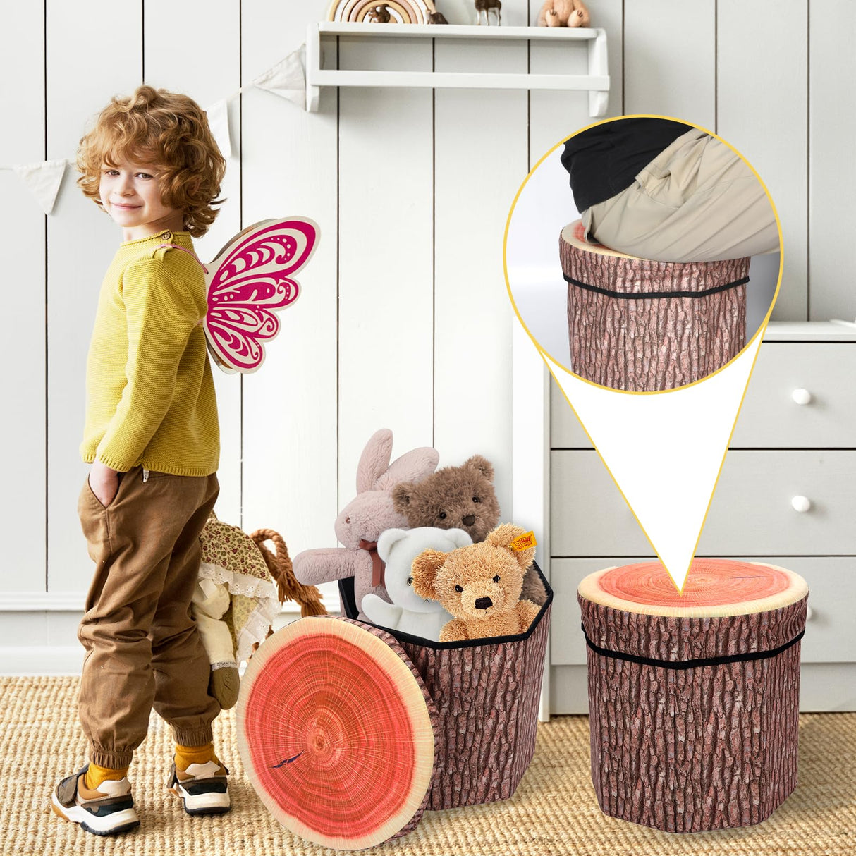 Round Storage Ottoman Cube, Tree Stump Stool, Forest Decor, Multifunctional Toy Storage Box, Cute Foldable Ottoman Stool, Tree Stump footstool Ottoman Storage, 11" Small Foot Stool, Toy Chest Storage Hoohnnaa