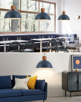 ELYONA 16” Large Ash Wood Pendant Light with Hammered Blue Metal & Brushed Brass Handle Large Pendant Light Fixtures Modern Dome Hanging Lamp for Kitchen Island, Dining Table, Bedroom, Hallway ELYONA