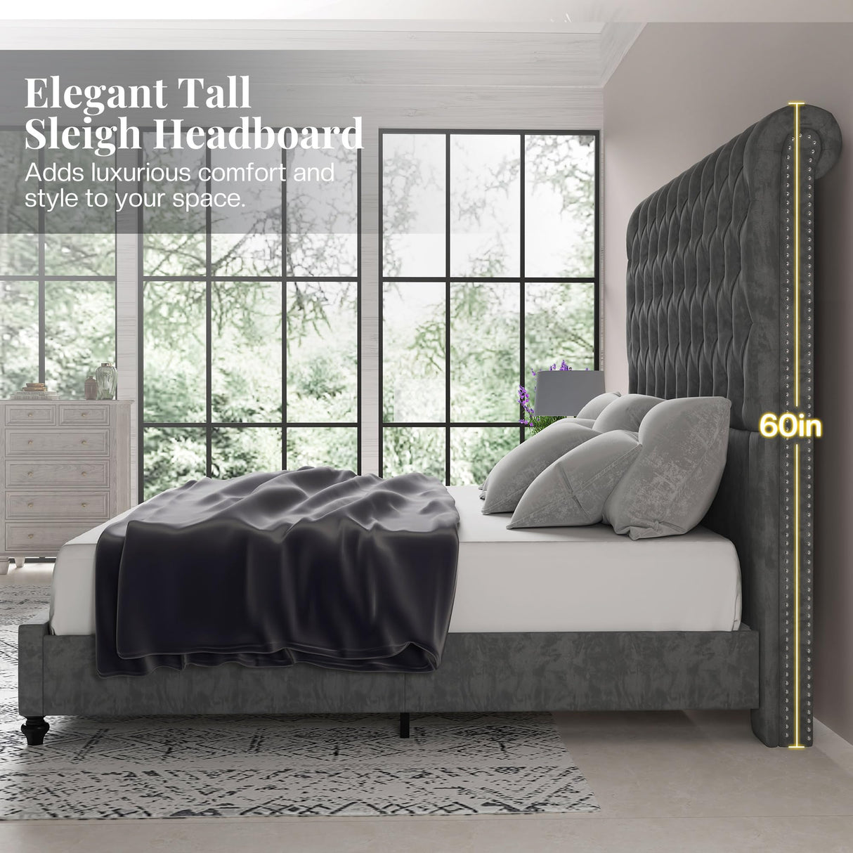 Jocisland King Size Platform Bed Frame with 60" Tall Sleigh Headboard, Luxury Velvet Upholstered Bed, Handcrafted Deep Button Tufted, Solid Wood Legs, Noise-Reducing, No Box Spring Needed,Light Gray Jocisland