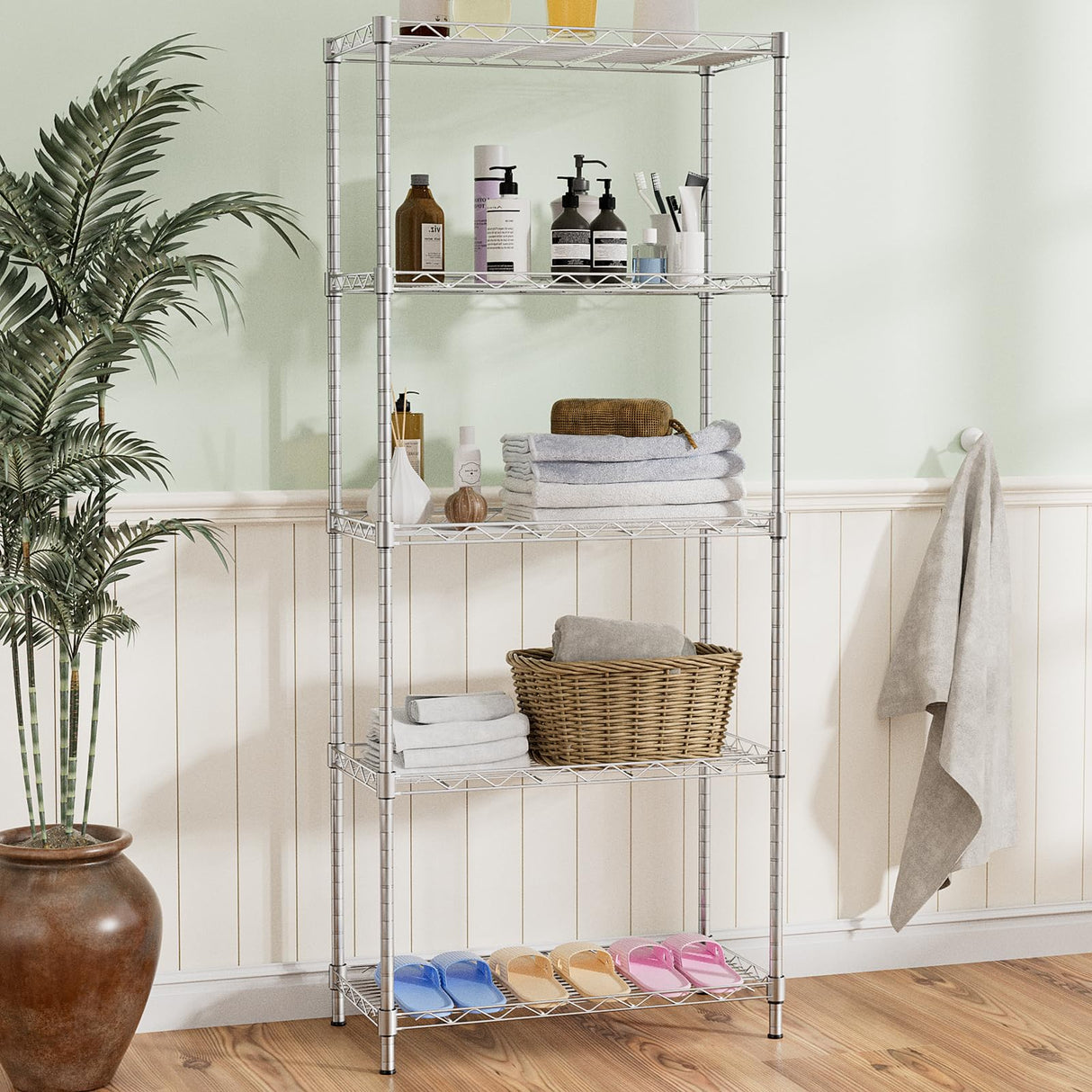 Storage Shelves,21.3"W*11.8"D*58.5"H Kitchen Wire Shelving Unit Loads 550LBS,5-tier Adjustable Metal Utility Shelf,Garage Shelves,Home Storage Rack for Kitchen,Laundry,Pantry and Closet,Chrome ROOMTEC