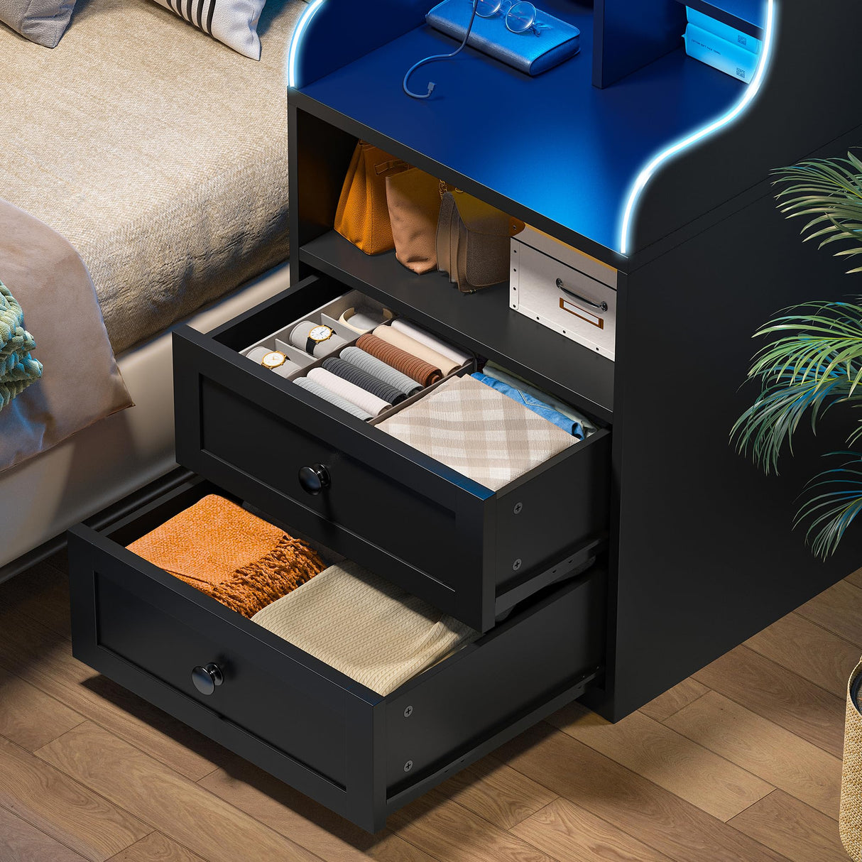 EnHomee Tall Nightstand with USB Ports, 20-Color LED Lights & 2 Drawers - Black Farmhouse Design EnHomee