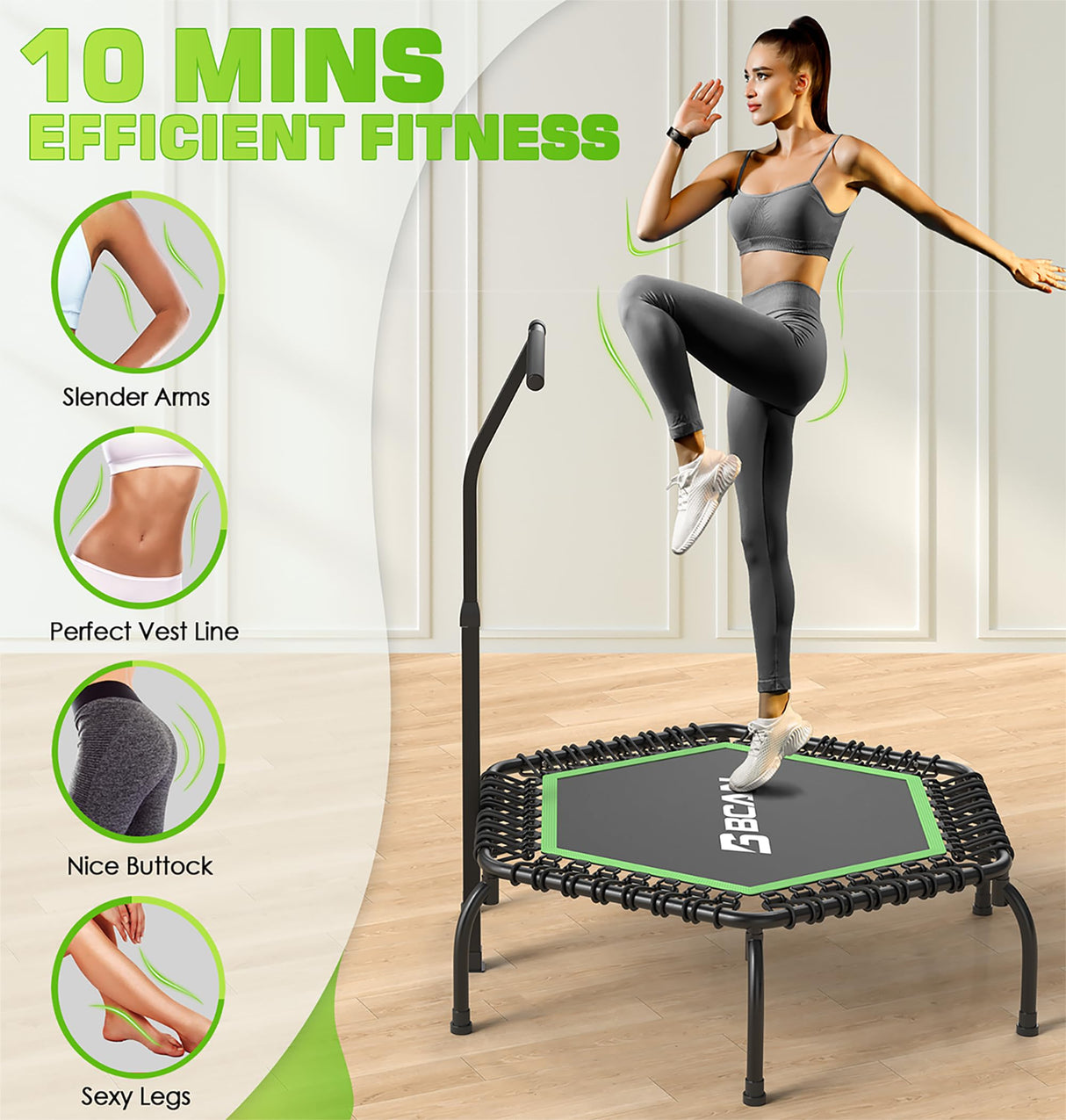 BCAN 48" Mini Trampoline, 550 LBS Fitness Trampoline with T-Adjustable Handle Bar, Bungees, Stable & Quiet Exercise Rebounder for Adults Indoor/Garden Workout-Green BCAN
