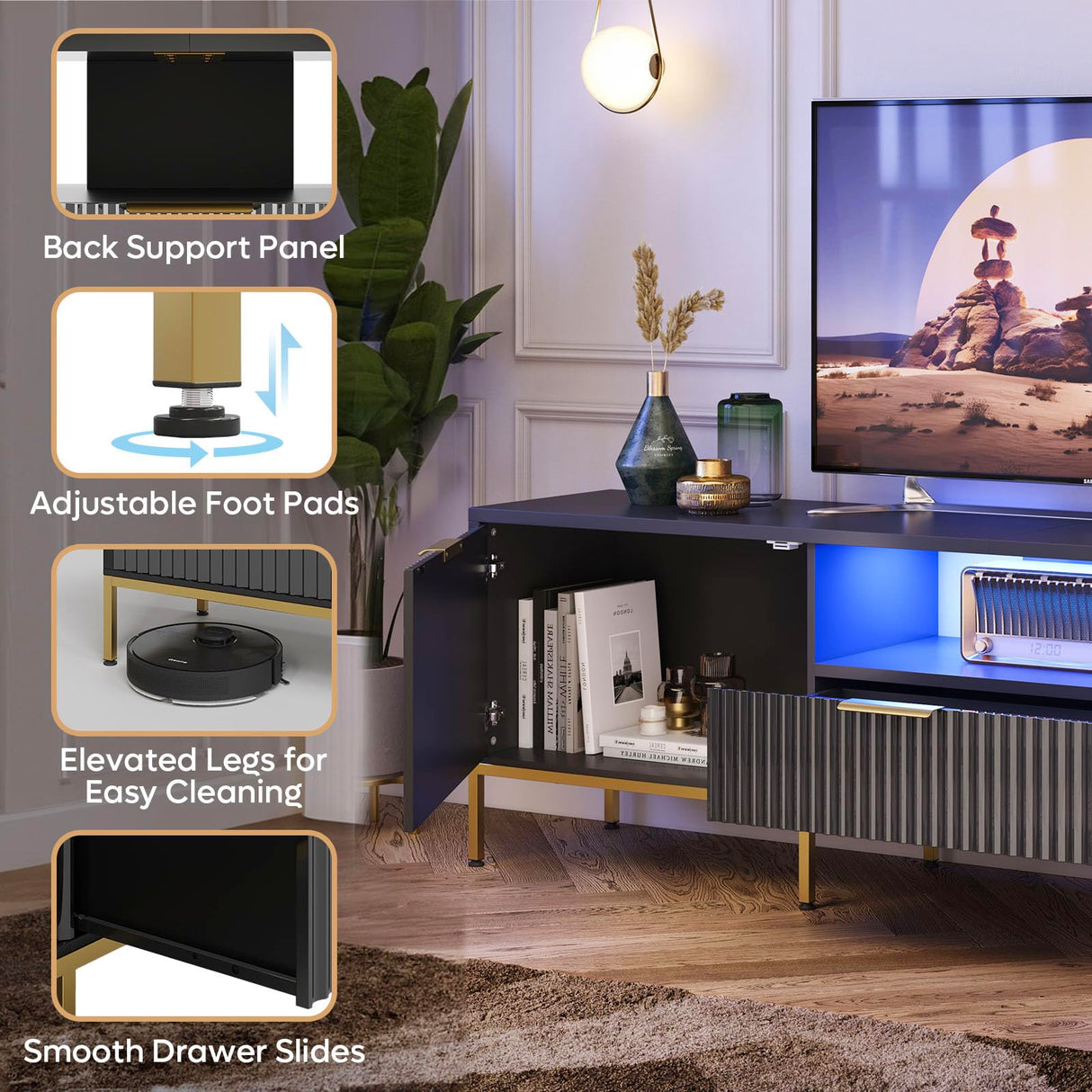 Bestier 70” Fluted TV Stand with LED Lights, Black TV Stand for TVs Up to 80", Modern Entertainment Center with Storage, TV Console, Media Console for Living Room Bedroom Bestier