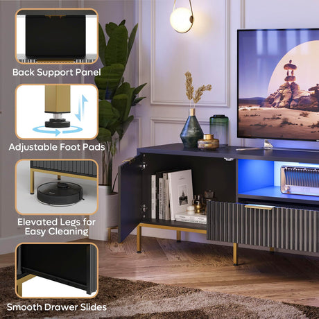 Bestier 70” Fluted TV Stand with LED Lights, Black TV Stand for TVs Up to 80", Modern Entertainment Center with Storage, TV Console, Media Console for Living Room Bedroom Bestier