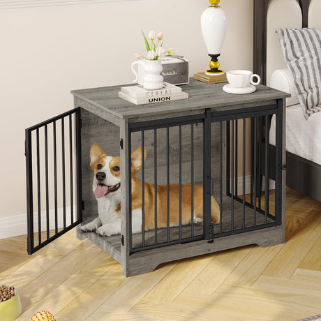 Hzuaneri Dog Crate Furniture, 32" Double Door Dog Crate with Barn Door, Dog Kennel Indoor, End Side Table Wooden Dog Crate for Small Medium Large Dog, Anti-Chew Anti-Escape, Greige Black DFC83605B Hzuaneri
