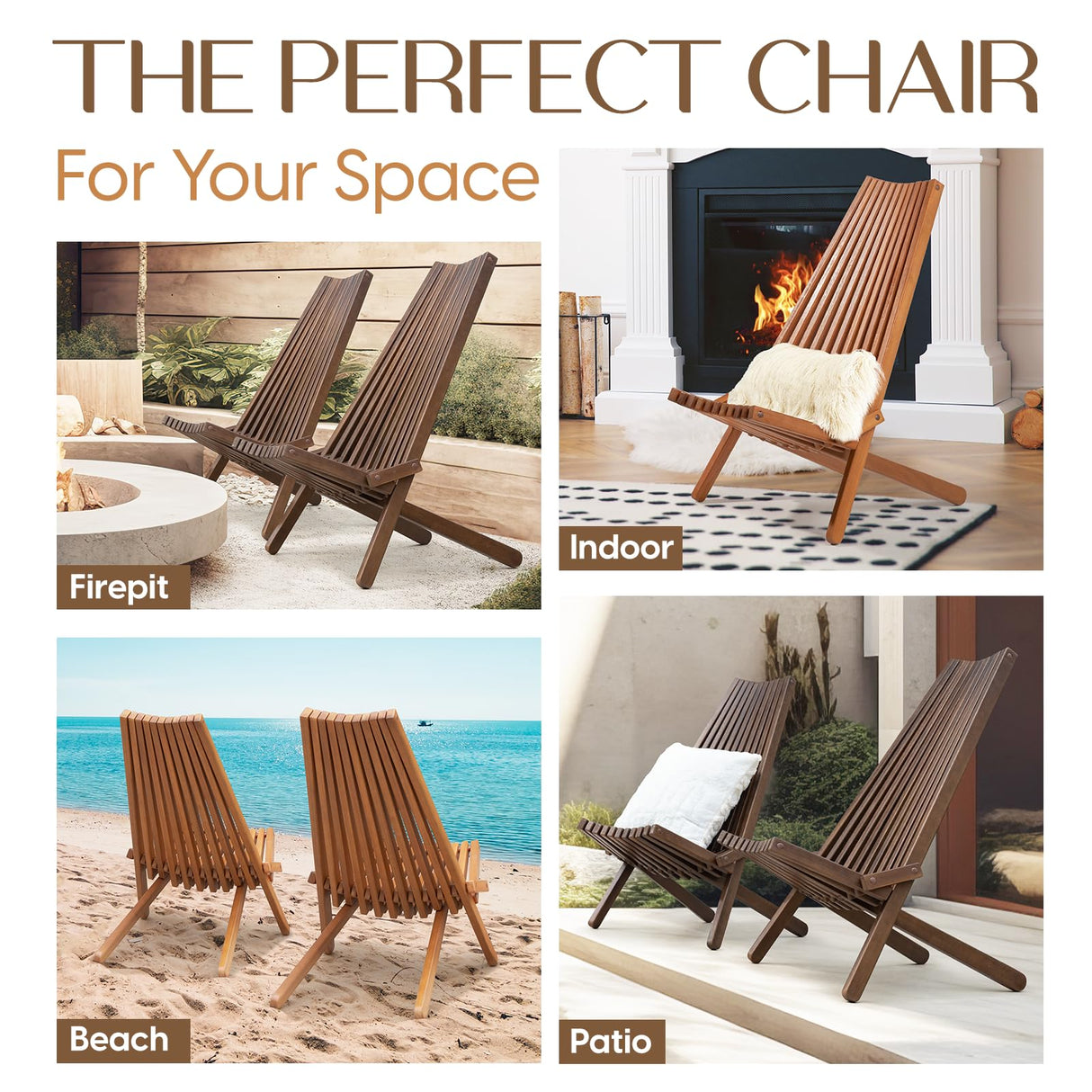 IDZO Tamarack Folding Wooden Outdoor, Adirondack Stylish Low Profile Lounge Chair for The Patio, Porch, Lawn, Garden, Color, Set of Two, Elina, Cinnamon - Pair IDZO