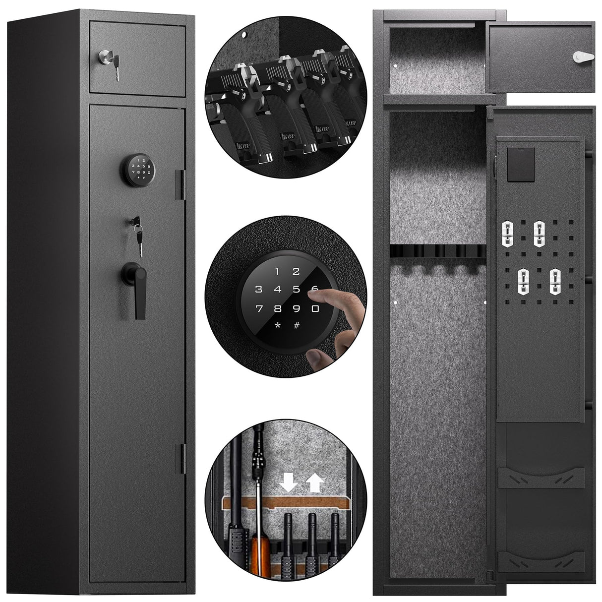 KAER 5 Gun Safe, Quick Access Gun Safe for Rifles and Pistols, Home Gun Rifle Safe with Separate Lock Box, Heavy Duty Large Gun Locker Cabinet with Hooks and Gun Rack for Shotguns, Assembled KAER
