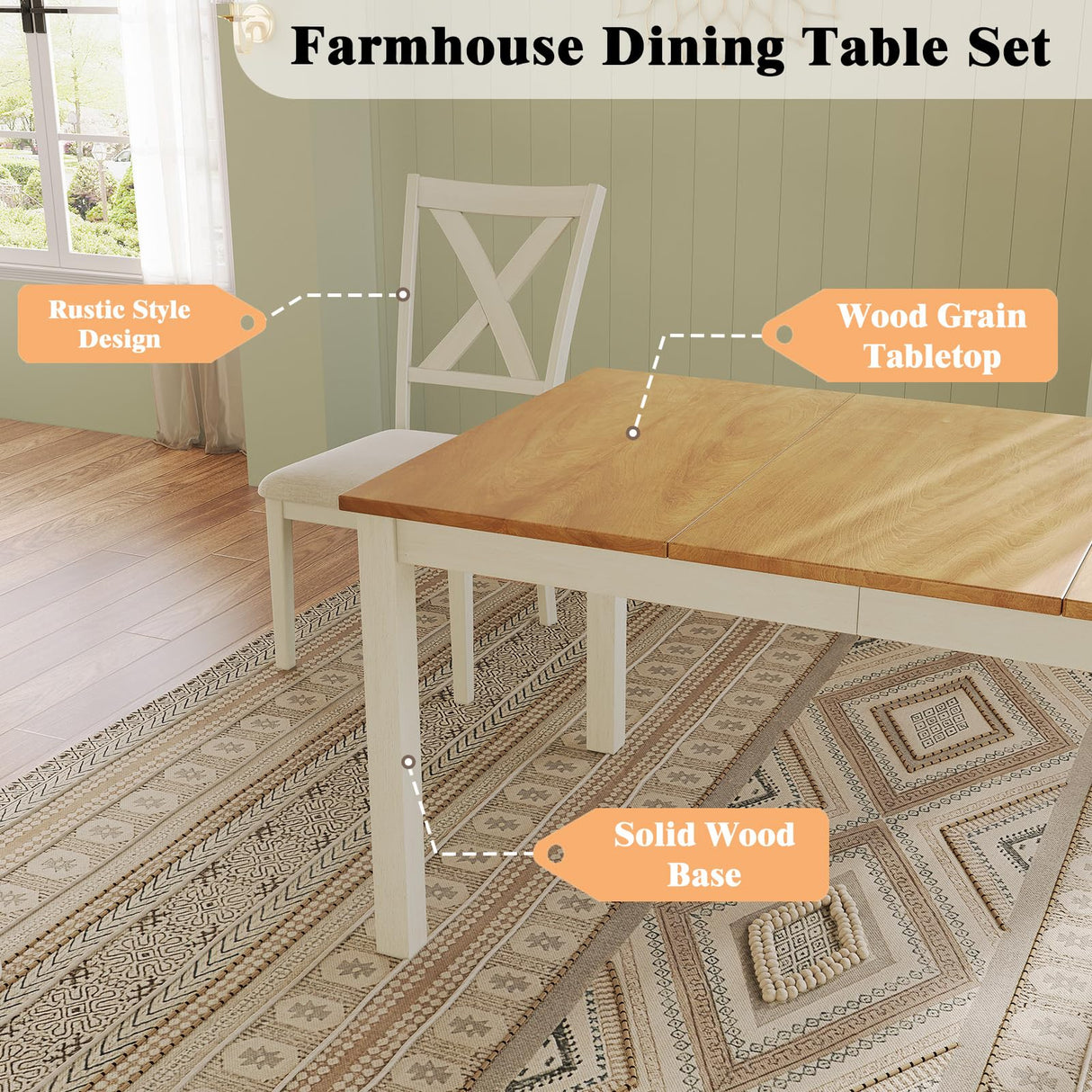 LUXOAK 7-Piece Solid Wood Dining Table Set, 60" Farmhouse Dining Table with 6 Chairs, Rectangular Table Set for 6, Kitchen & Dining Room Furniture, Distressed Cream LUXOAK
