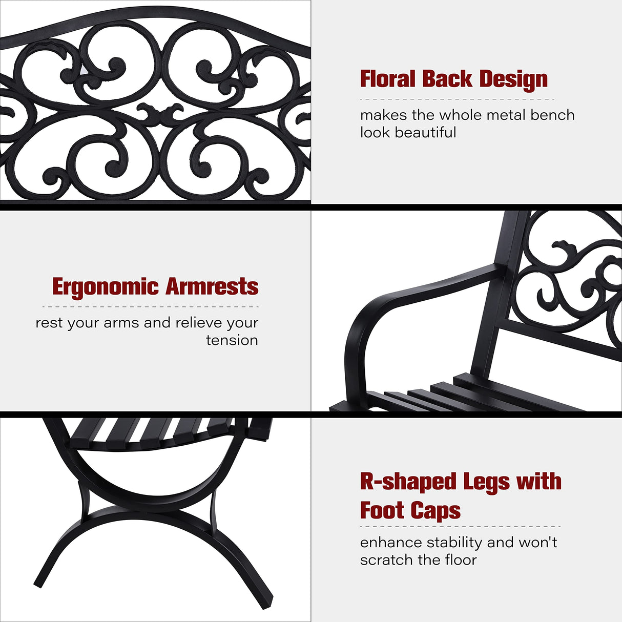 Sophia & William 50" Outdoor Garden Bench Patio Park Bench, Cast Iron Metal Frame Furniture with Floral Design Backrest for Porch Yard Lawn Deck, Black Sophia & William