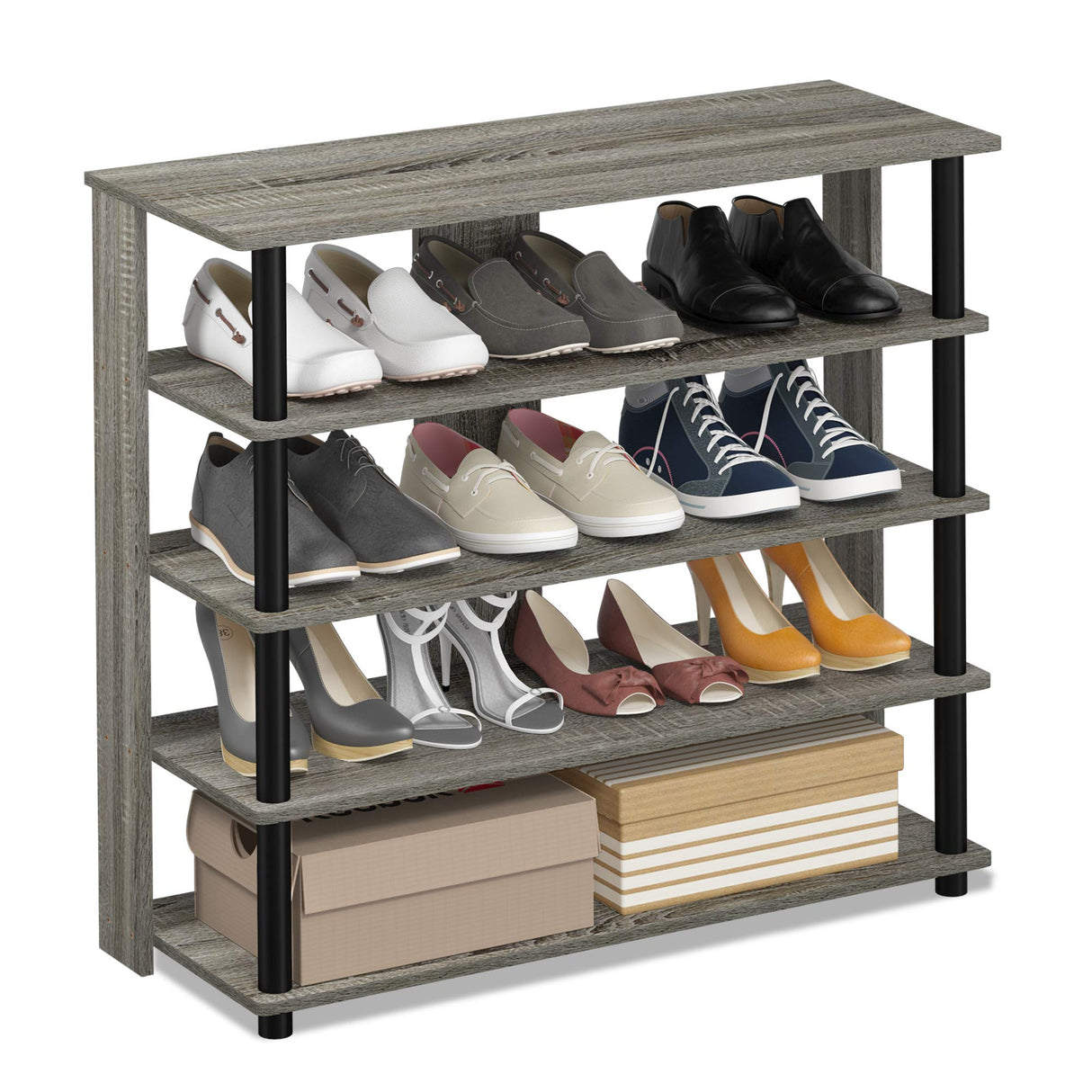 Furinno Turn-N-Tube 5 Tier Wide Shoe Rack, French Oak Grey/Black , 32 Inch Furinno