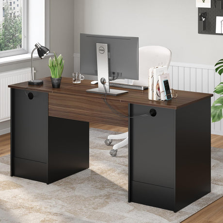 Bestier 59” Computer Desk with 4 Drawers, Office Desk with Storage, Industrial Executive Desk with File Drawer, Keyboard Tray & 2 Pedestals for Home Office & Studio, Cherry Bestier