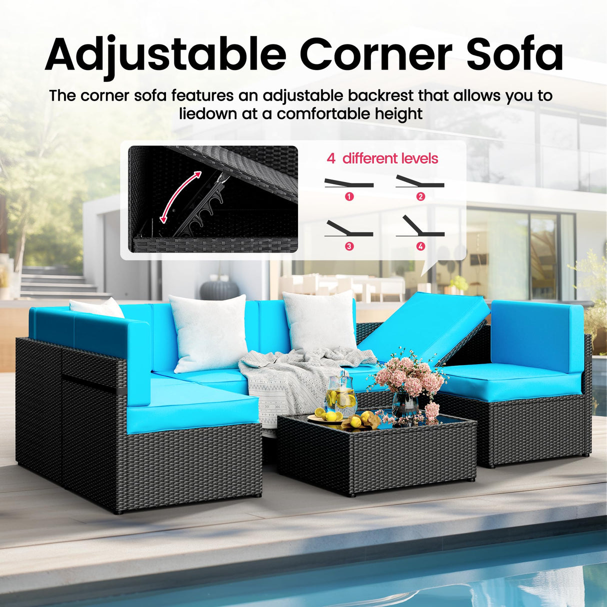 Pamapic 7-Piece Outdoor Furniture,All-Weather Wicker Modular Sectional Sofa with Patio Crystal Coffee Table, Adjustable Reclining Sectional Couch with Washable Removable Cushion Covers, Light Blue Pamapic