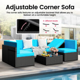 Pamapic 7-Piece Outdoor Furniture,All-Weather Wicker Modular Sectional Sofa with Patio Crystal Coffee Table, Adjustable Reclining Sectional Couch with Washable Removable Cushion Covers, Light Blue Pamapic