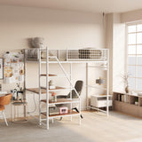 LUMISOL Metal Loft Bed Twin Size, Heavy Duty Metal Loft Bed Frame with Desk, Staircase, Charging Station and LED Lighting for Bedroom, Dormitory, White LUMISOL