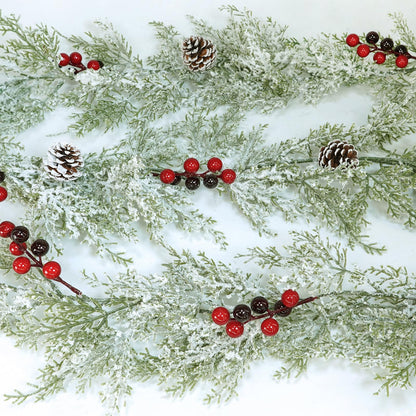 Winly 2 Pcs Artificial Snowy Cedar Garland with Pine Cones and Red Berries Christmas Greenery Garland 6 Ft Christmas Wedding Winter Holiday Party Table Runner Mantle Seasonal Centerpiece Decoration