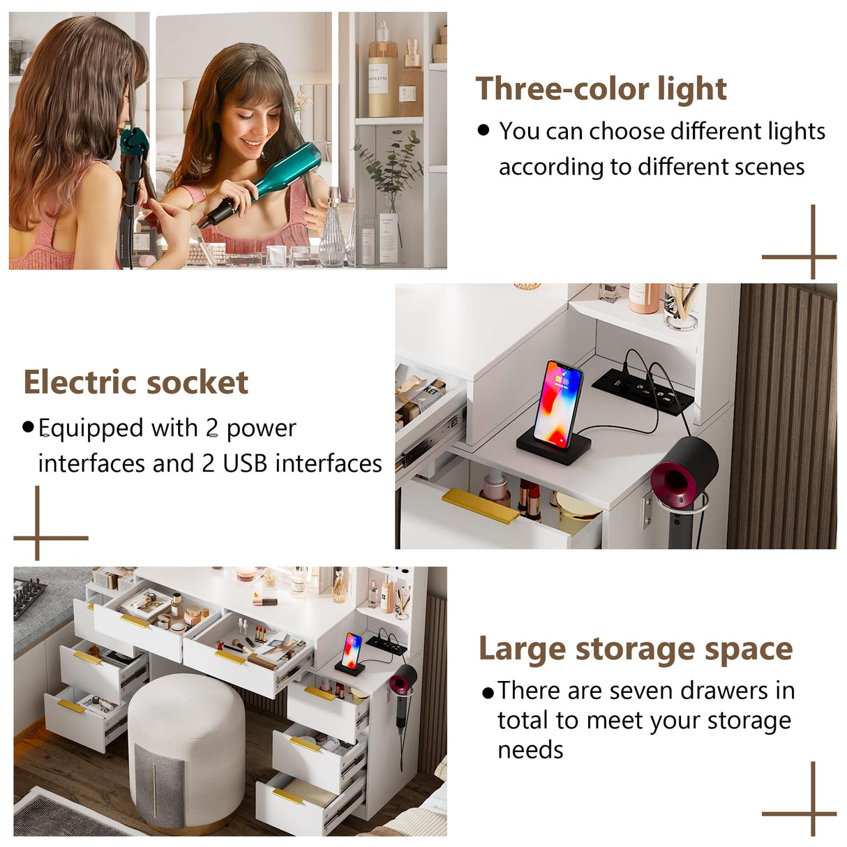 FURNJOYLIFE Large Makeup Vanity Desk with Lighted Mirror & Power Outlet,Vanity Desk Dresser Table with 3 Lighting Modes Brightness Adjustable,Drawers,Shelves,Hair Dryer Stand for Bedroom,White FURNJOYLIFE