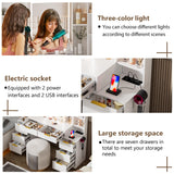 FURNJOYLIFE Large Makeup Vanity Desk with Lighted Mirror & Power Outlet,Vanity Desk Dresser Table with 3 Lighting Modes Brightness Adjustable,Drawers,Shelves,Hair Dryer Stand for Bedroom,White FURNJOYLIFE