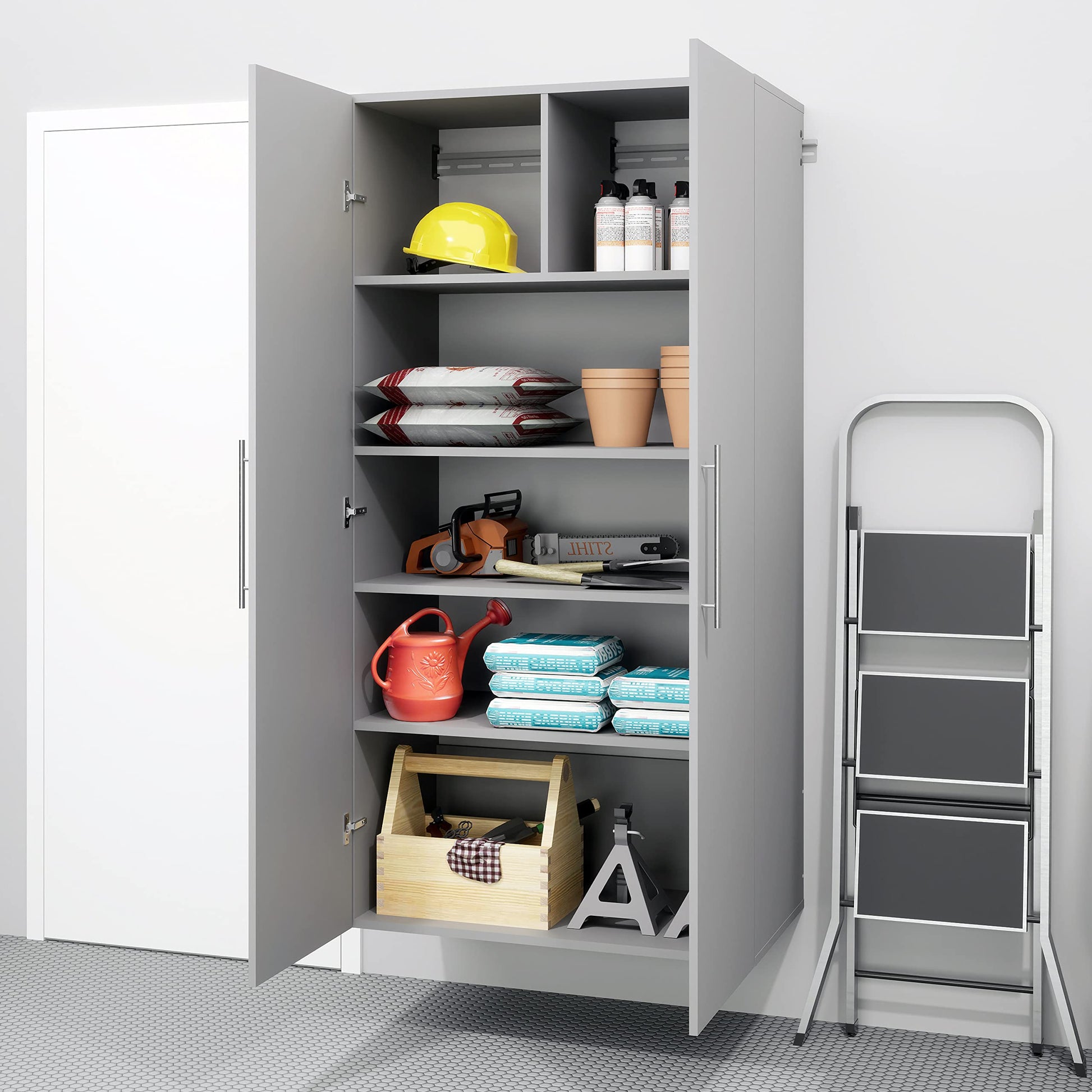 Prepac HangUps Large Storage Cabinet - Immaculate Light Gray 36" Cabinet with Storage Shelves and Doors; Ideal for Bin and General Storage Solutions - WoodArtSupply