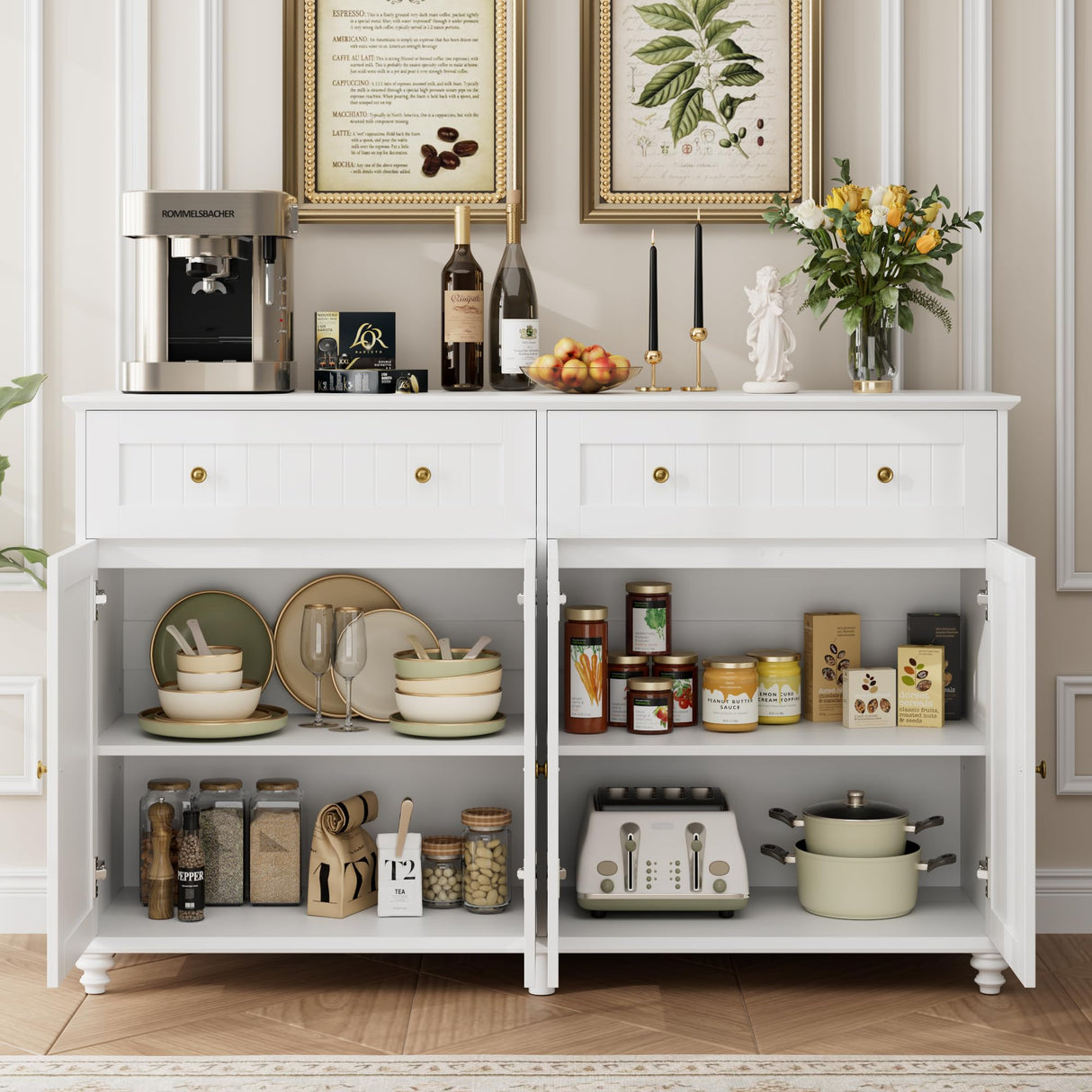 finetones Buffet Cabinet with Storage, 55.1” Large Sideboard Buffet Cabinet, White Kitchen Cabinet Display Cabinet with 2 Drawers and 4 Doors, Wood Coffee Bar Cabinet for Kitchen Dining Room finetones