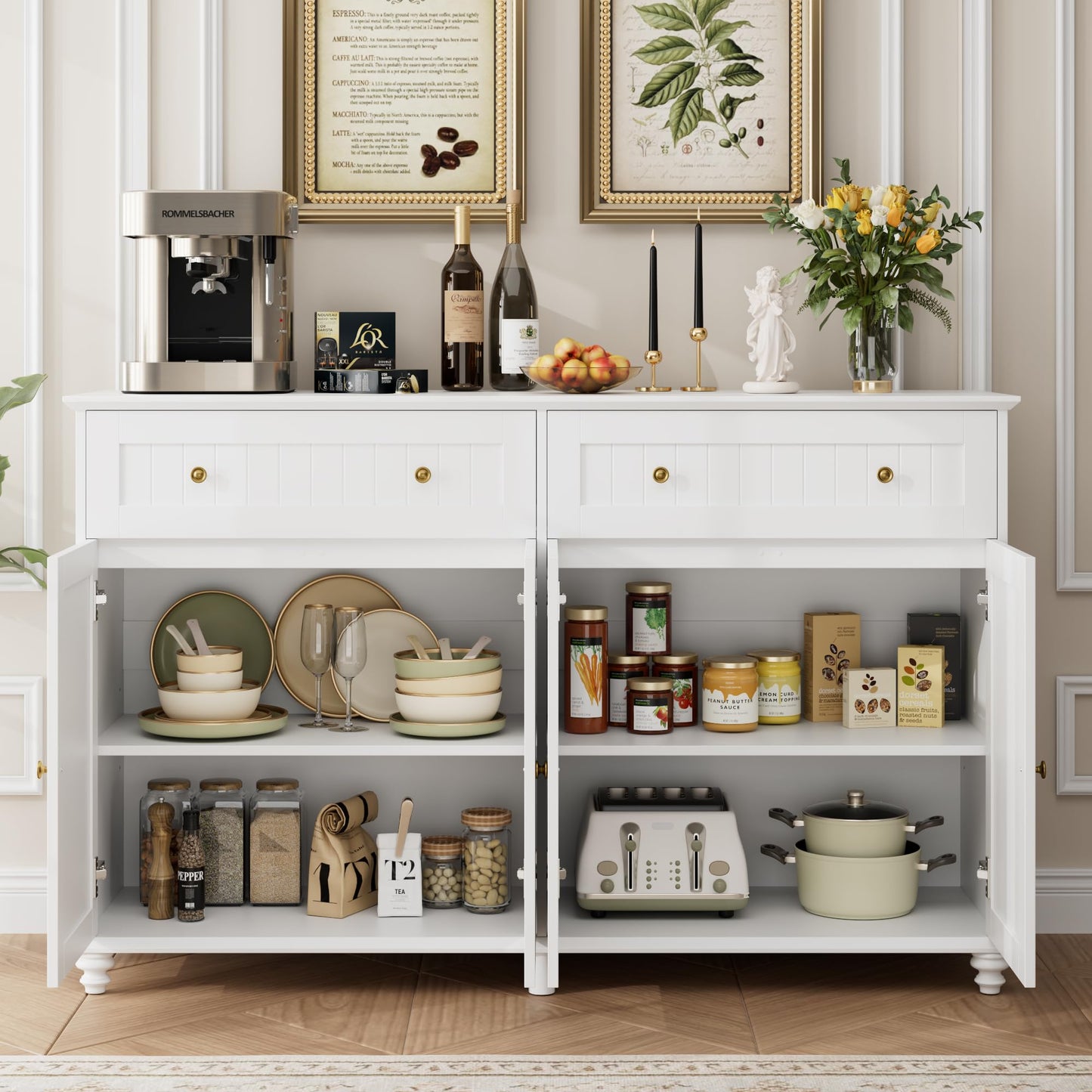 finetones Buffet Cabinet with Storage, 55.1” Large Sideboard Buffet Cabinet, White Kitchen Cabinet Display Cabinet with 2 Drawers and 4 Doors, Wood Coffee Bar Cabinet for Kitchen Dining Room - WoodArtSupply