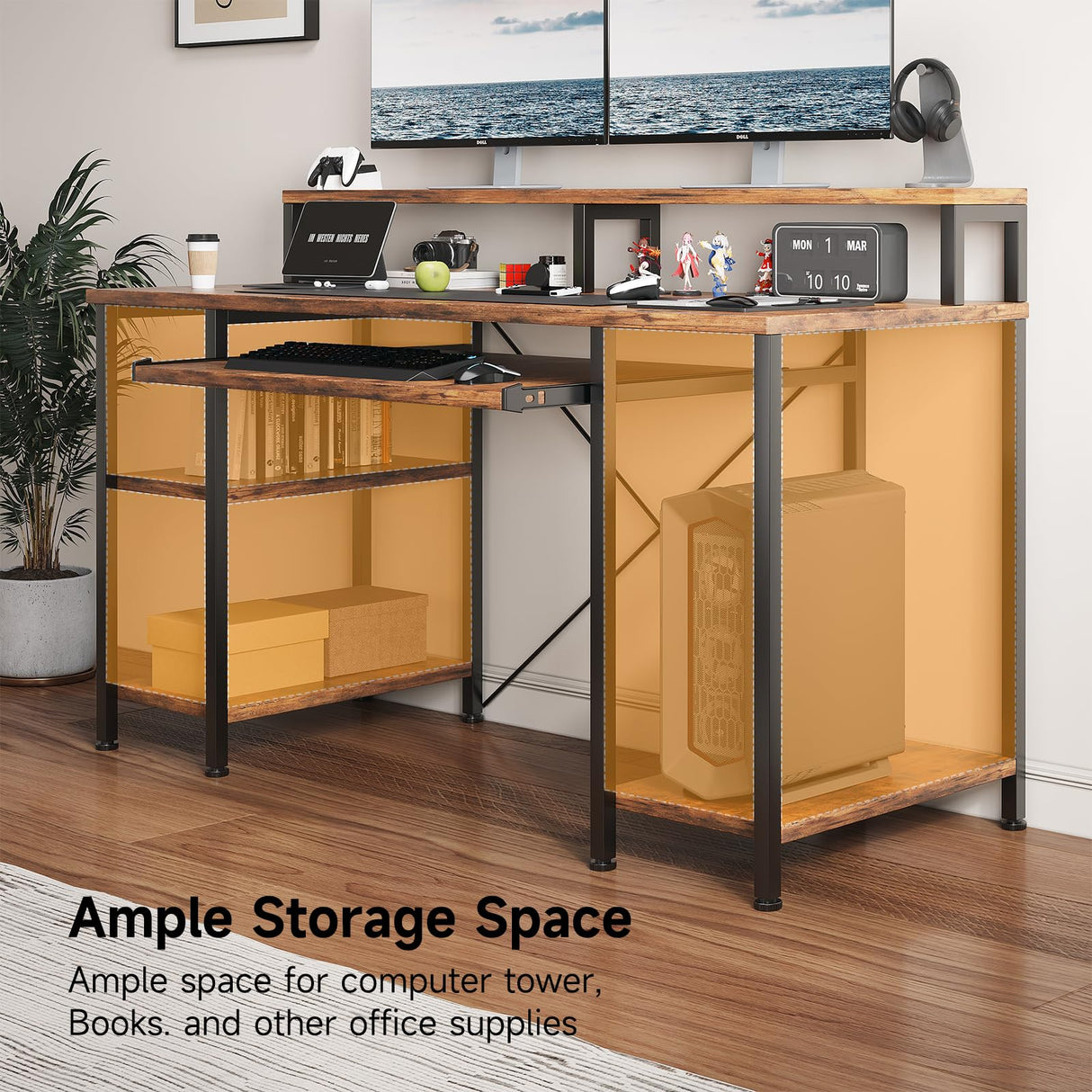 VERMESS 48Inch Computer Desk, Home Office Desks with Keyboard Tray, Gaming Desk with CPU Stand Shelf,Industrial Study Table Wide Writing Desk with Storage Shelves for 2 Monitors, Rustic Brown VERMESS