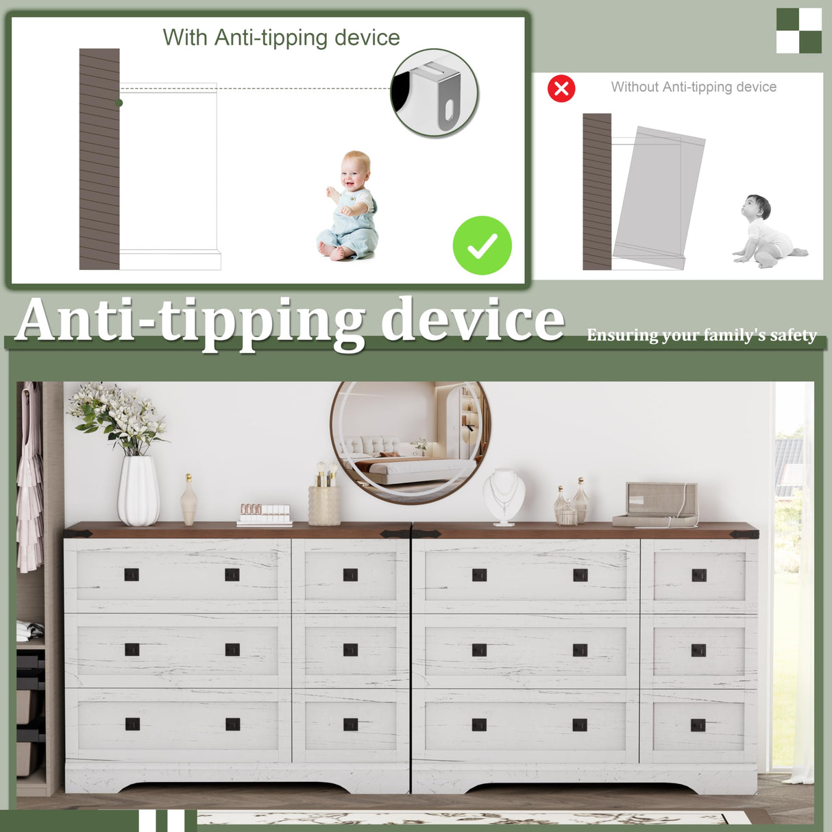 Royal Windsor Farmhouse 6 Drawer Dresser for Bedroom, Chest of Drawers Dresser for Closet, Clothes Organizers and Storage with Spacious Tabletop, Wooden Dressers for Living Room, White Royal Windsor