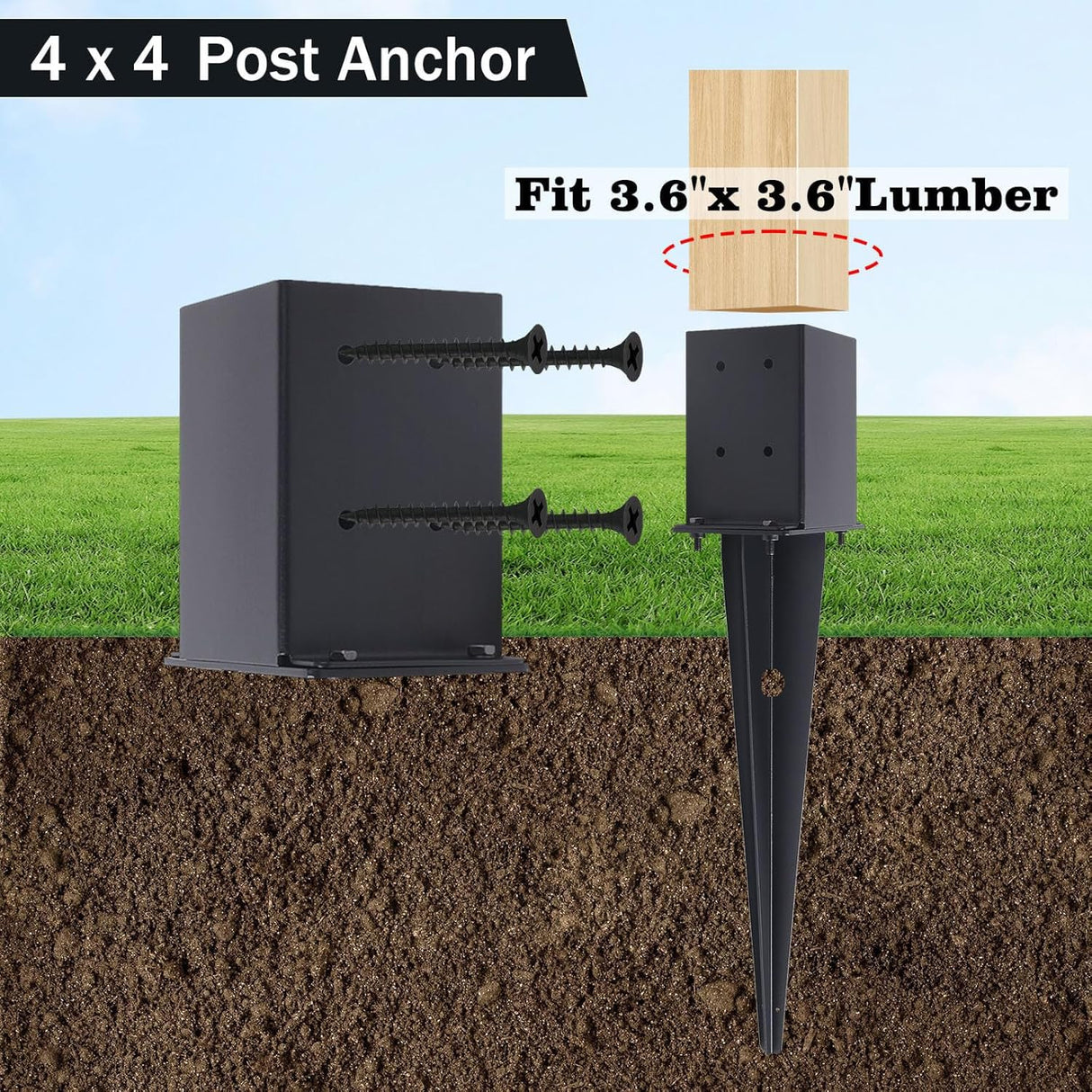 4 Pcs 4"x4" Fence Post Anchor,（Inner Size 3.6"x3.6"） Heavy Duty Fence Post Anchor Ground Spike 22" with Black Powder-Coated Outdoor Support Deck,Fence,Porch,Railing,Mailbox.. XIHUWZ