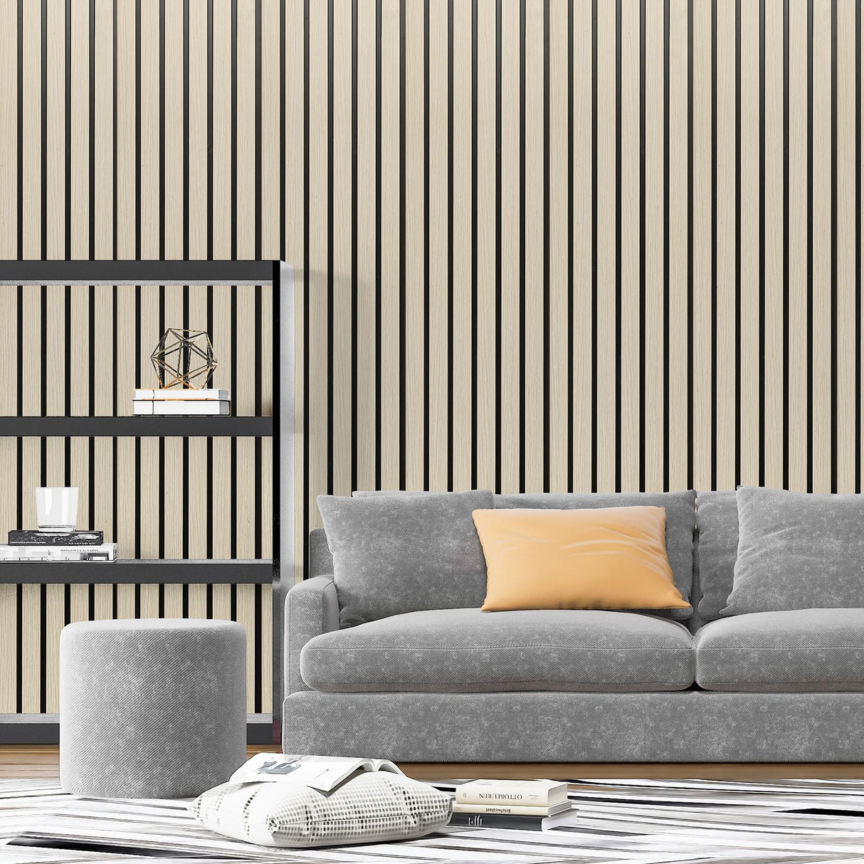 Art3d 4-Pack Glue-On Six-Grid Wainscoting Panel for Interior Wall Decor - 104 x 12 Inch Polystyrene Ultralight Slim Slat Wall Panels for Living Room Bedroom, Oak Art3d