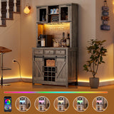 IDEALHOUSE 72" Modern Farmhouse Coffee Bar Cabinet with LED Lights & Power Outlets, Sliding Barn Doors, Rustic Gray Kitchen Buffet with Wine Storage, Ample Storage for Home Bar, Microwave IDEALHOUSE