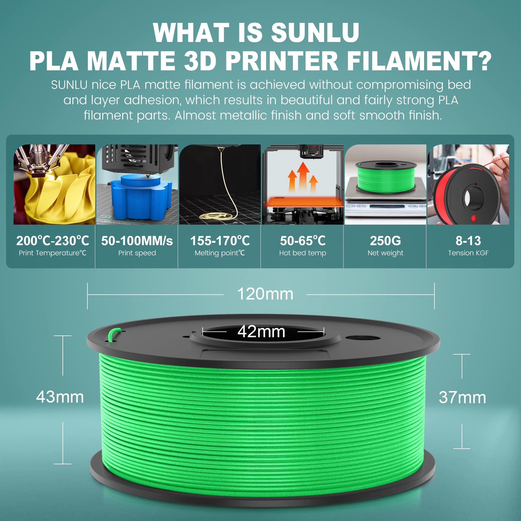 SUNLU 3D Printer Filament Bundle, PLA Matte Filament Bundle, 1.75mm PLA Filament Muticolor, Smooth Matte Surface, Neatly Wound Filament, 250G Spool, 8 Rolls, Black+White+Red+Blue+Green+Pink+G - WoodArtSupply