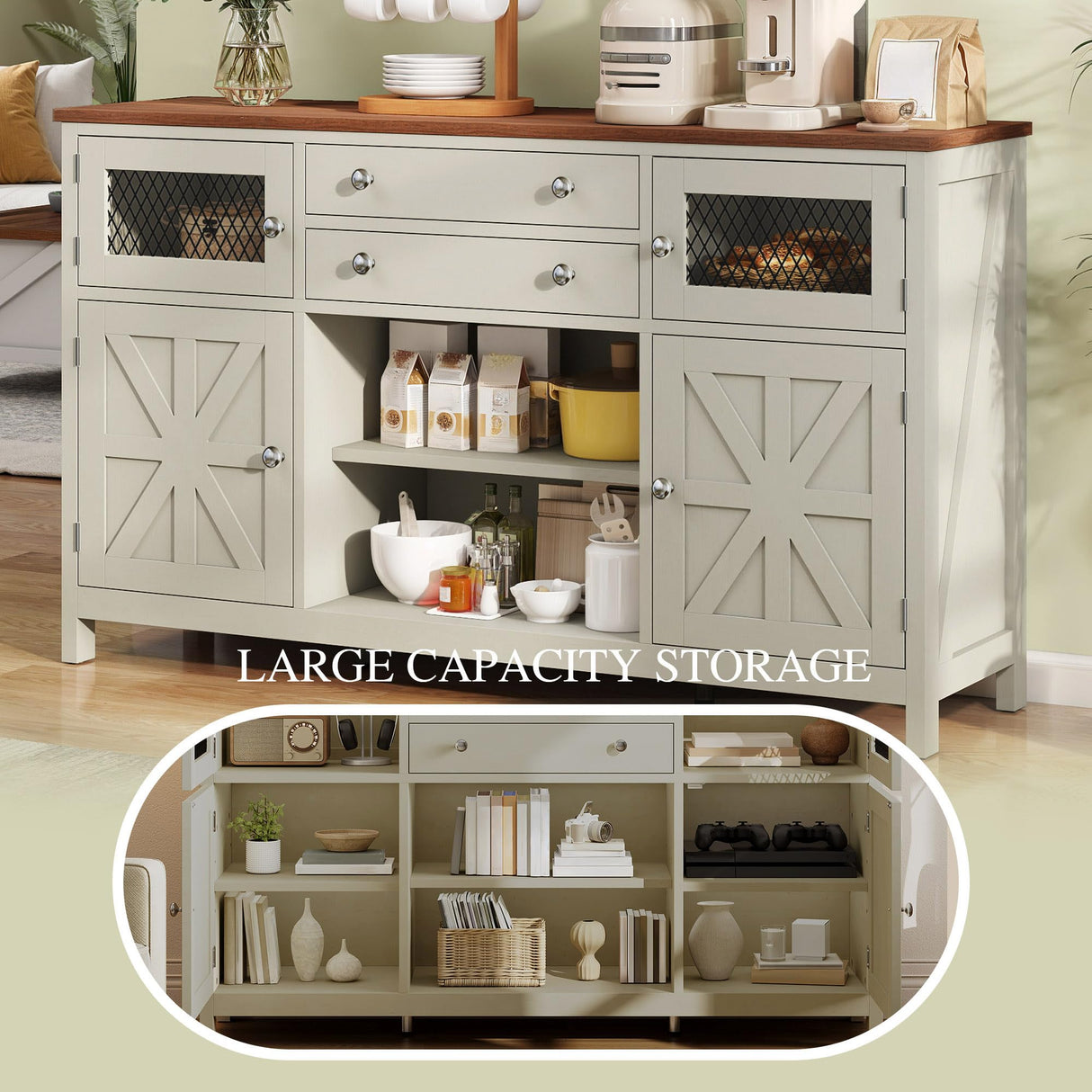 YITAHOME Farmhouse TV Stand for 65/55 Inch Television, Entertainment Center Television Stand with Drawers & Door, 59" Media Console TV Cabinet for Living Room, Antique White YITAHOME