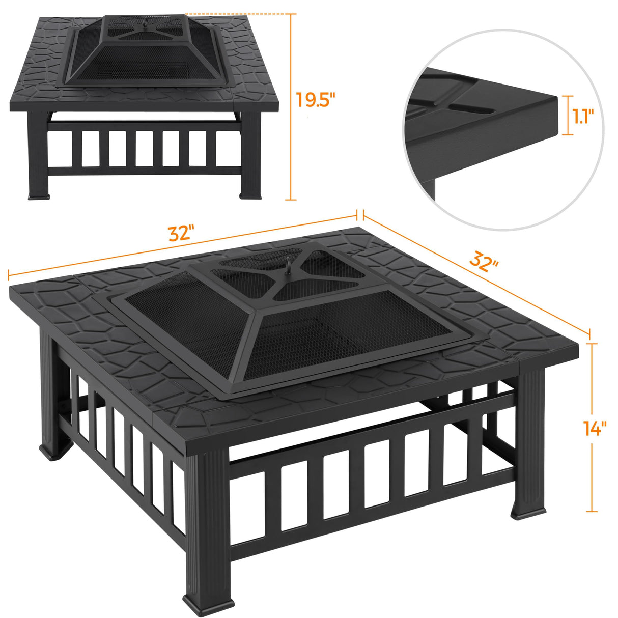 Yaheetech Multifunctional Fire Pit Table 32in Square Metal Firepit Stove Backyard Patio Garden Fireplace for Camping, Outdoor Heating, Bonfire and Picnic Yaheetech