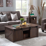 IFGET 48" Lift Top Coffee Table, Farmhouse Cocktai with Sliding Groove Barn Door, Rustic Wood Center Table w/Double Storage Spaces for Living Room, Brown IFGET