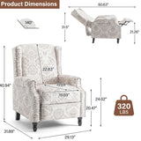 Pushback Recliner Chair, Floral Fabric Wingback Recliner Chair, Upholstered Armchair Push Back Recliner, Rivet Trim Single Sofa Accent Chair with Wood Legs for Living Room, Beige Lumibee