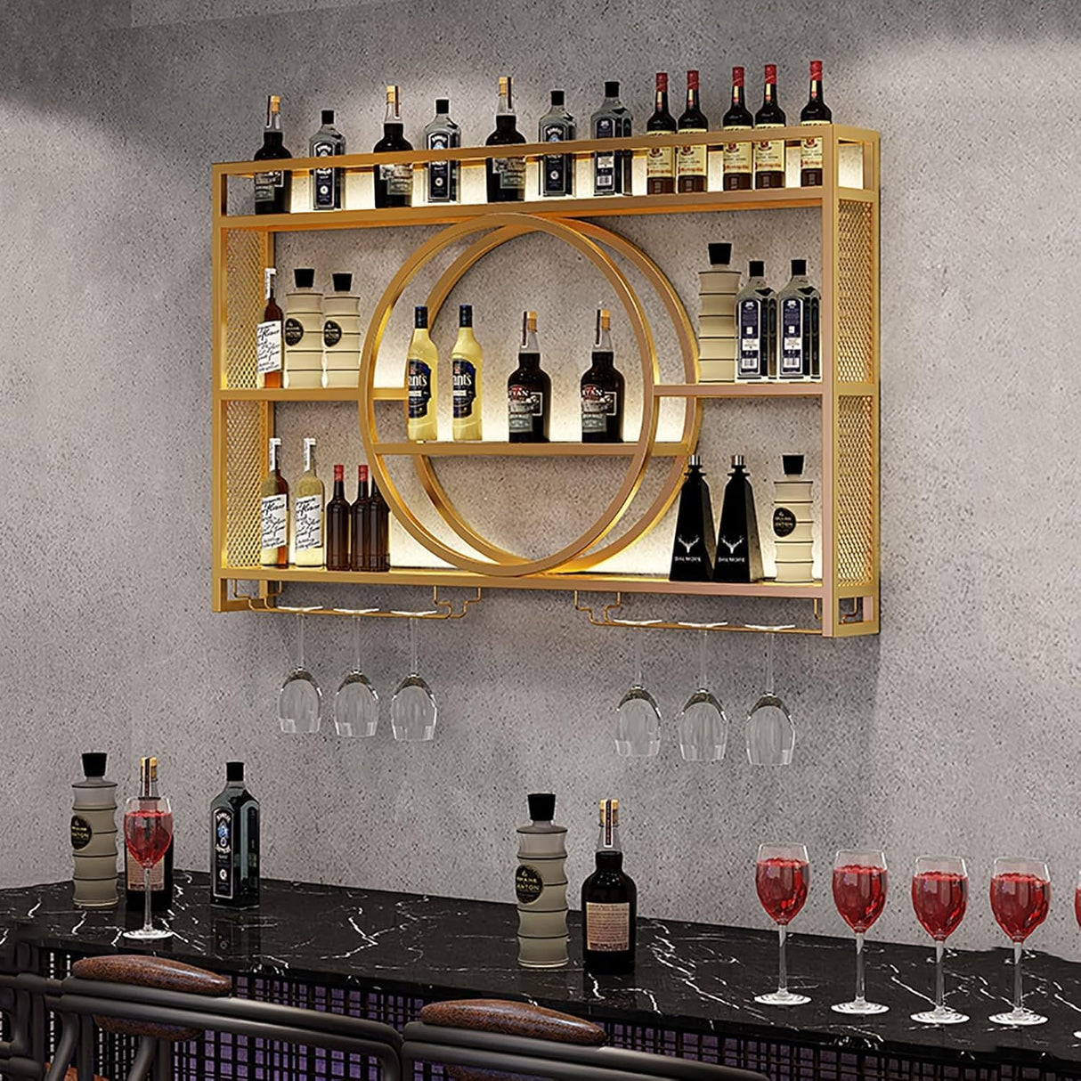 OMKUOSYA Wine Rack Wall Mounted with LED Light, 3-Tier Metal Floating Bar Shelves Wine Glass Holder, Liquor Bottle Storage Display Shelf for Home Bar, Dining Room & Kitchen (Gold, 39.4in/100cm) OMKUOSYA