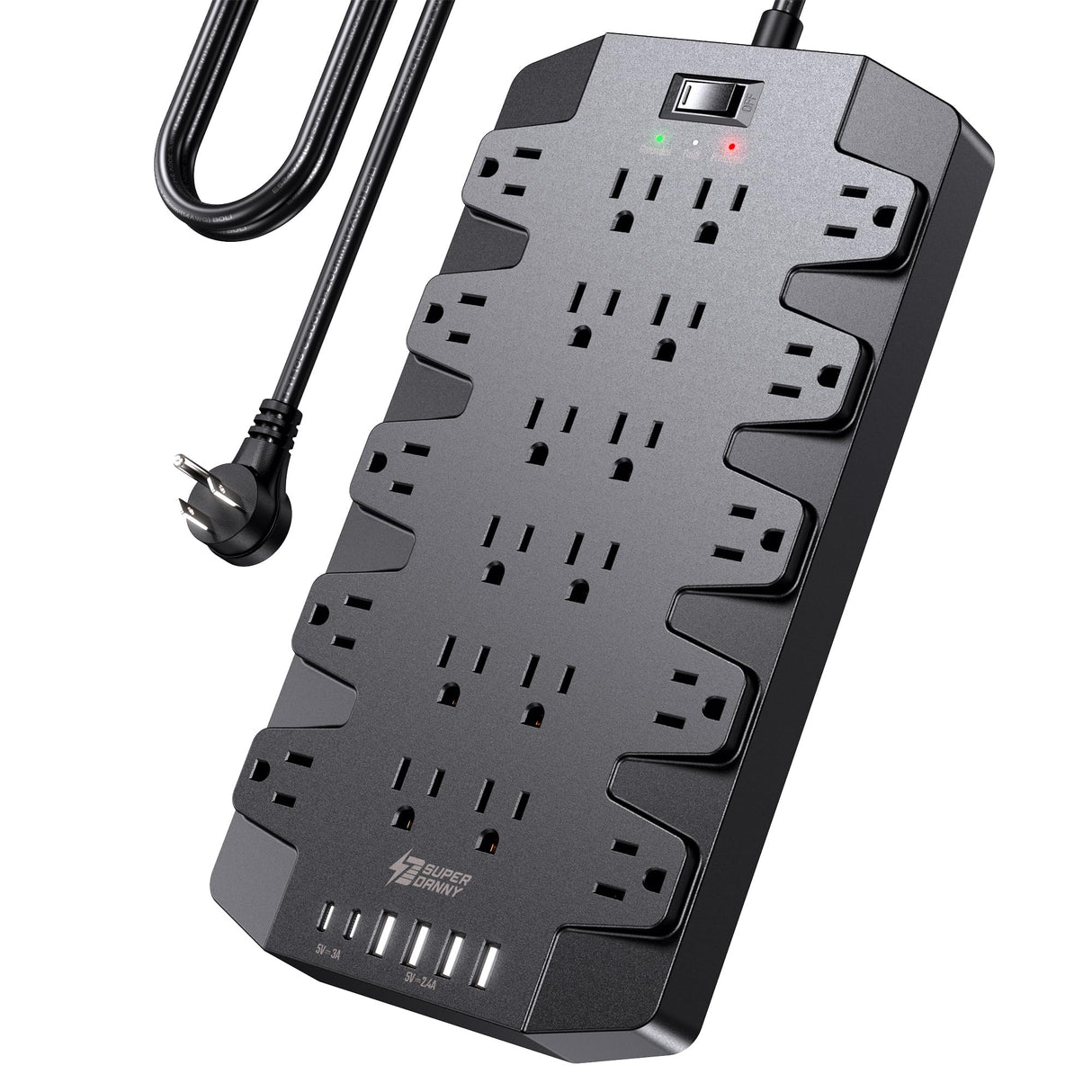 Power Strip, SUPERDANNY 2100J Surge Protector with 22 Outlets, 2 USB-C and 4 USB-A, 6.5Ft Flat Plug Heavy Duty Extension Cord (1875W/15A), Wall Mountable for Home, Office, Dorm, Gaming Room, Black SUPERDANNY
