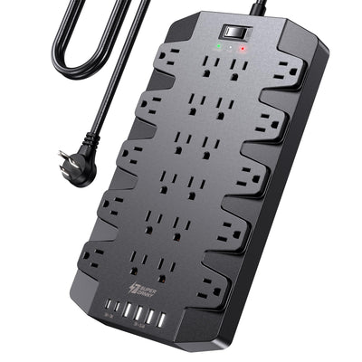Power Strip, SUPERDANNY 2100J Surge Protector with 22 Outlets, 2 USB-C and 4 USB-A, 6.5Ft Flat Plug Heavy Duty Extension Cord (1875W/15A), Wall Mountable for Home, Office, Dorm, Gaming Room, Black