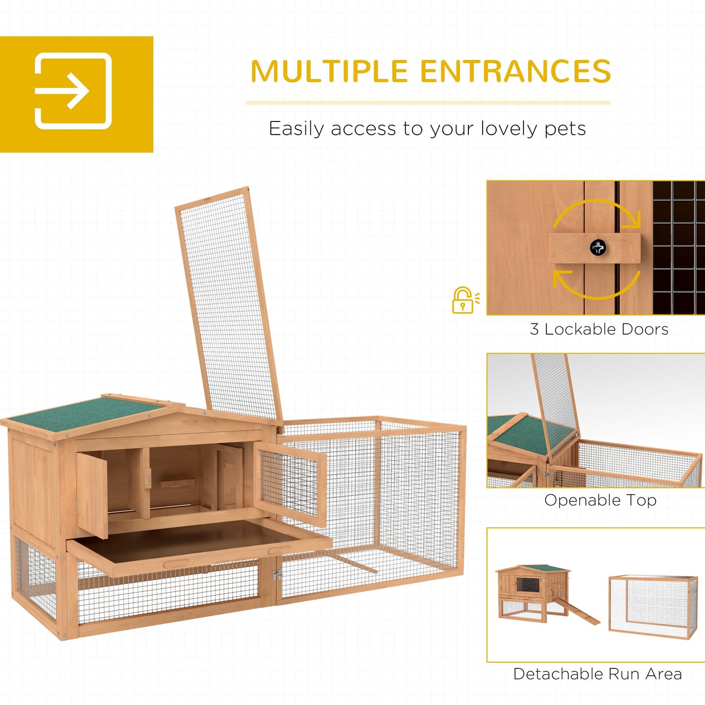 PawHut Rabbit Hutch 2-Story Bunny Cage, Guinea Pig Cage, Small Animal House with Slide Out Tray, for Indoor Outdoor, 61.5" x 23" x 27", Natural