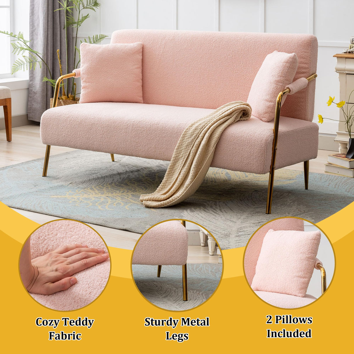 Dolonm 60" Bouclé Loveseat Sofa, 2 Seater Upholstered Sofa Couch with 2 Pillows, Mid Centry Teddy Fabric Sofa with Gold Metal Legs, Sofa for Small Space, Apartment, Office, Bedroom Dolonm